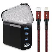 MYCELL 65W氮化鎵GDK55T 黑色+勇固線耐彎折編織線C to Lightning iphone/ipad線-200cm 紅線