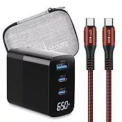 MYCELL 65W氮化鎵GDK55T 黑色+勇固線耐彎折編織線Type-C to Type-C-200cm 紅線