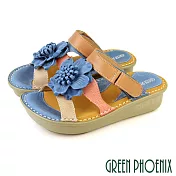 【GREEN PHOENIX】女 涼鞋 拖鞋 兩穿 花朵 厚底 全真皮 沾黏式 台灣製 EU36 水藍色5