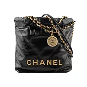 CHANEL 新款22 Bag 金字菱格紋亮面小牛皮迷你斜揹包 (黑色)