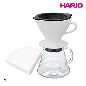 【HARIO】W60磁石濾杯豪華組(濾杯+V60雲朵02玻璃分享壺600ml+matrix V型濾紙02白色100入)