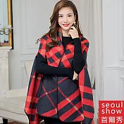 Seoul Show首爾秀 兩用圍巾斗篷仿羊絨外套披肩 紅黑菱格