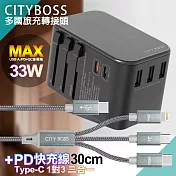 CITY 萬用轉接頭急速充電器33W PD快充+TypeC 1對3 PD快速閃充線三合一(30cm短線灰)