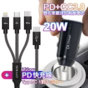 DA PD+QC3.0 20W雙孔迷你智能車充+CITY TypeC 1對3 PD快速閃充線三合一(120cm黑)