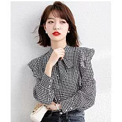 BJ COLLECTION 日系千鳥格蝴蝶結領拼接荷葉邊雪紡上衣BJ30061 FREE 黑色