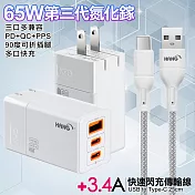 HANG 三代氮化鎵65W 白色+高密編織線USB to Type-C充電線-25cm 灰線