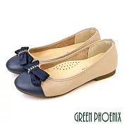 【GREEN PHOENIX】女 娃娃鞋 便鞋 全真皮 平底 蝴蝶結 OL通勤面試 乳膠鞋墊 台灣製 US5 藍色