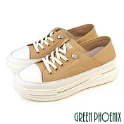 【GREEN PHOENIX】女 休閒鞋 懶人鞋 真皮 顯瘦 免綁鞋帶 厚底 EU35 杏色