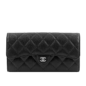 CHANEL 銀色CC Logo荔枝皮二折壓釦長夾 (黑色)