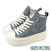 【GREEN PHOENIX】女 短靴 帆布鞋 休閒鞋 短筒 綁帶 輕量厚底 鬆糕 丹寧 牛仔 EU35 藍色