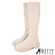 【Pretty】女 長靴 長筒靴 貼腿靴 機車靴 顯瘦 拉鍊 厚底 JP24.5 米色