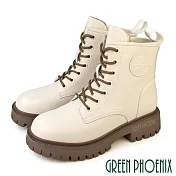 【GREEN PHOENIX】女 馬丁靴 短靴 綁帶靴 軍靴 厚底 牛皮 全真皮 短筒 JP23 米色