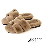 【Pretty】女 拖鞋 毛毛拖鞋 保暖拖鞋 室內拖鞋 絨毛 方頭 EU40 卡其色