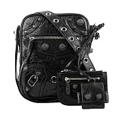 BALENCIAGA Le Cagole 銀釦小羊皮拉鍊方形斜揹包 (黑色)