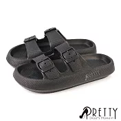 【Pretty】男女 女大尺碼 拖鞋 防水拖鞋 室內外 海灘 雙帶釦 一體成形 厚底 JP26 黑色