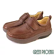 【GREEN PHOENIX】男 休閒鞋 休閒皮鞋 商務鞋 沾黏式 厚底 吸震減壓 會呼吸的鞋 磁石震動 EU41 咖啡色