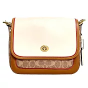 COACH 拼接皮革翻蓋斜背包-白配老花駝