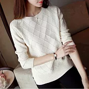 【BJ COLLECTION】日系圓領針織菱格長袖毛衣 BJC30068 FREE 米白色