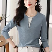 BJ COLLECTION 日系假兩件針織條紋拼接長袖上衣 BJC30087 FREE 灰藍色 灰藍色