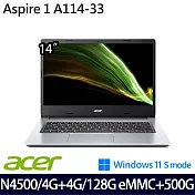 【全面升級】Acer 宏碁 A114-33-C53V 14吋/N4500/8G/128G Emmc+500G//Win11 S/ 文書筆電