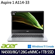 【全面升級】Acer 宏碁 A114-33-C53V 14吋/N4500/8G/128G Emmc+1TB//Win11 S/ 文書筆電
