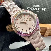 COACH蔻馳精品錶,編號：CH00161,38mm圓形粉紅陶瓷錶殼粉紅錶盤陶瓷粉紅錶帶