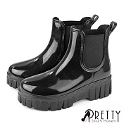 【Pretty】女 雨靴 雨鞋 防水靴 防水鞋 切爾西 短筒 厚底 EU36 黑色