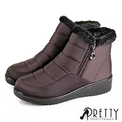 【Pretty】女 雪靴 短靴 防潑水 保暖 鋪毛 刷毛 拉鍊 輕量 小坡跟 EU36 棕色
