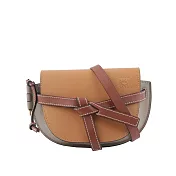 LOEWE Gate Mini 柔軟小牛皮拼色馬鞍斜背包_展示品 (琥珀色/淺灰/鏽色)