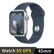 Apple Watch S9 GPS 45mm 鋁金屬錶殼搭配運動型錶帶 (銀鋁風暴藍錶帶(M/L))