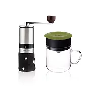 【PO:Selected】丹麥手沖咖啡二件組(不鏽鋼磨芯咖啡磨/玻璃杯240ml-共4色) 橄欖綠
