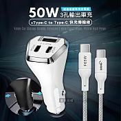 【組合購】City 50W車用充電器 Type-C/USB-A 3孔車充頭+65W Type-C to Type-C 傳輸充電線(200cm)