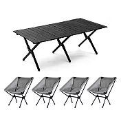 E.C outdoor 戶外露營折疊鋁合金桌月亮椅五件組-贈收納袋 -鋁合金黑桌+網紗灰椅