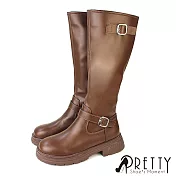 【Pretty】女 長靴 長筒靴 馬靴 機車靴 工程靴 貼腿 拉鍊 厚底 韓國製 JP24 棕色