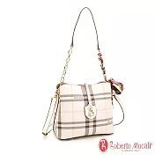 Roberto Mocali - 義大利諾貝兔優雅格紋鍊條肩斜背單肩包-附絲巾 米白