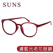 MIT抗紫外線濾藍光老花眼鏡 時尚圓框晶鑽紅 高硬度耐磨鏡片 配戴無暈眩感 150度