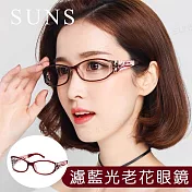 MIT抗紫外線濾藍光老花眼鏡 鑲鑽簍空玫瑰紅 高硬度耐磨鏡片 配戴無暈眩感 75度