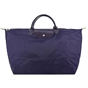 LONGCHAMP LE PLIAGE GREEN系列刺繡短把再生尼龍摺疊旅行袋(大)  藍莓