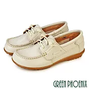 【GREEN PHOENIX】女 休閒鞋 帆船鞋 平底鞋 便鞋 全真皮 牛皮 綁帶 台灣製 JP22.5 米色66