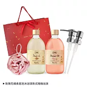 SABON 新年雙瓶沐浴油(500ml)送玫瑰沐浴球-國際航空版-尾牙新年情人禮品 以色列綠玫瑰+玫瑰茶語