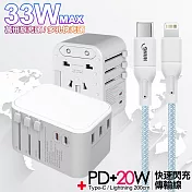 CITY萬用轉接頭PD快充33W急速充電器-白+高密編織線Type-C to Lightning iphone/ipad充電線-200cm 藍線