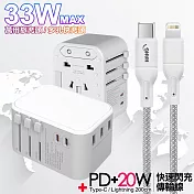 CITY萬用轉接頭PD快充33W急速充電器-白+高密編織線Type-C to Lightning iphone/ipad充電線-200cm 灰線