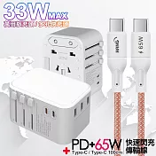 CITY萬用轉接頭PD快充33W急速充電器-白+高密編織線Type-C to Type-C充電線-100cm 粉線