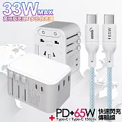 CITY萬用轉接頭PD快充33W急速充電器-白+高密編織線Type-C to Type-C充電線-150cm 藍線