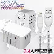 CITY萬用轉接頭PD快充33W急速充電器-白+高密編織線USB-iphone/ipad/Lightning-100cm 灰線