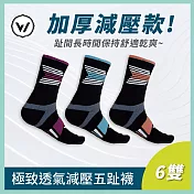 【WOAWOA】6入組 加厚款能量激發五趾襪-高筒(健走襪 除臭襪 襪子 男襪 女襪 運動襪) M(22-24公分)3色各2雙