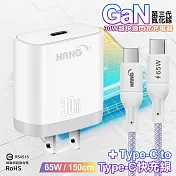 HANG 30W 第三代氮化鎵GaN 超快速充電器-白+65W高密編織 Type-C to Type-C 快充充電線1.5米  紫線