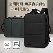 17.3吋 空間魔術 可擴容式大空間旅行商務後揹包 箱式開合手提電腦包 極致黑