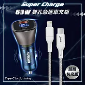 Wildex微透 63W急速充電 PD+QC雙孔電瓶電壓車充頭+PD20W Type-C to Lightning 傳輸充電線(200cm) SR063PQ