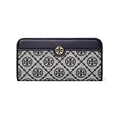 TORY BURCH 雙T-LOGO提花拼接皮革拉鍊長夾 深藍